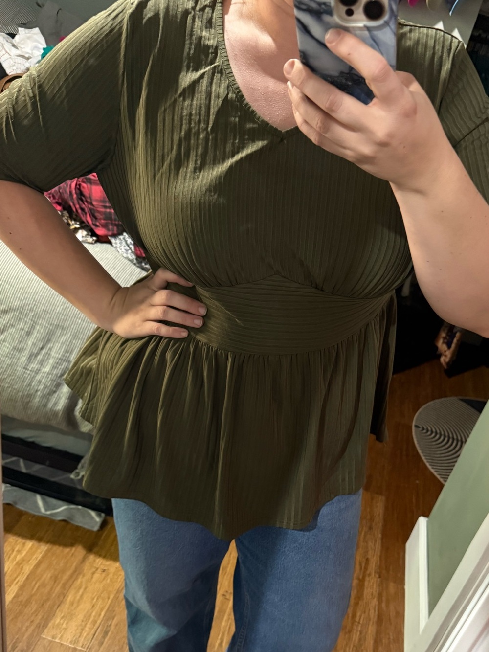 Olive Green Pleated Peplum Tunic Top - Women's